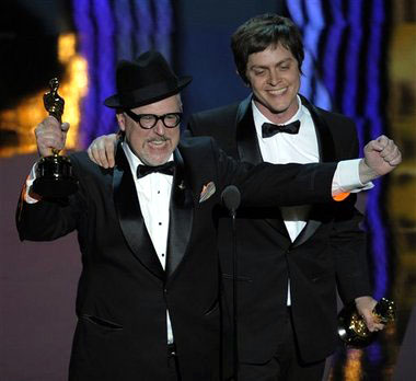 William Joyce and Brandon Oldenburg accept the Oscar for best-animated short film for 'The Fantastic Flying Books of Mr. Morris Lessmore' during the 84th Academy Awards on Sunday, Feb. 26, 2012